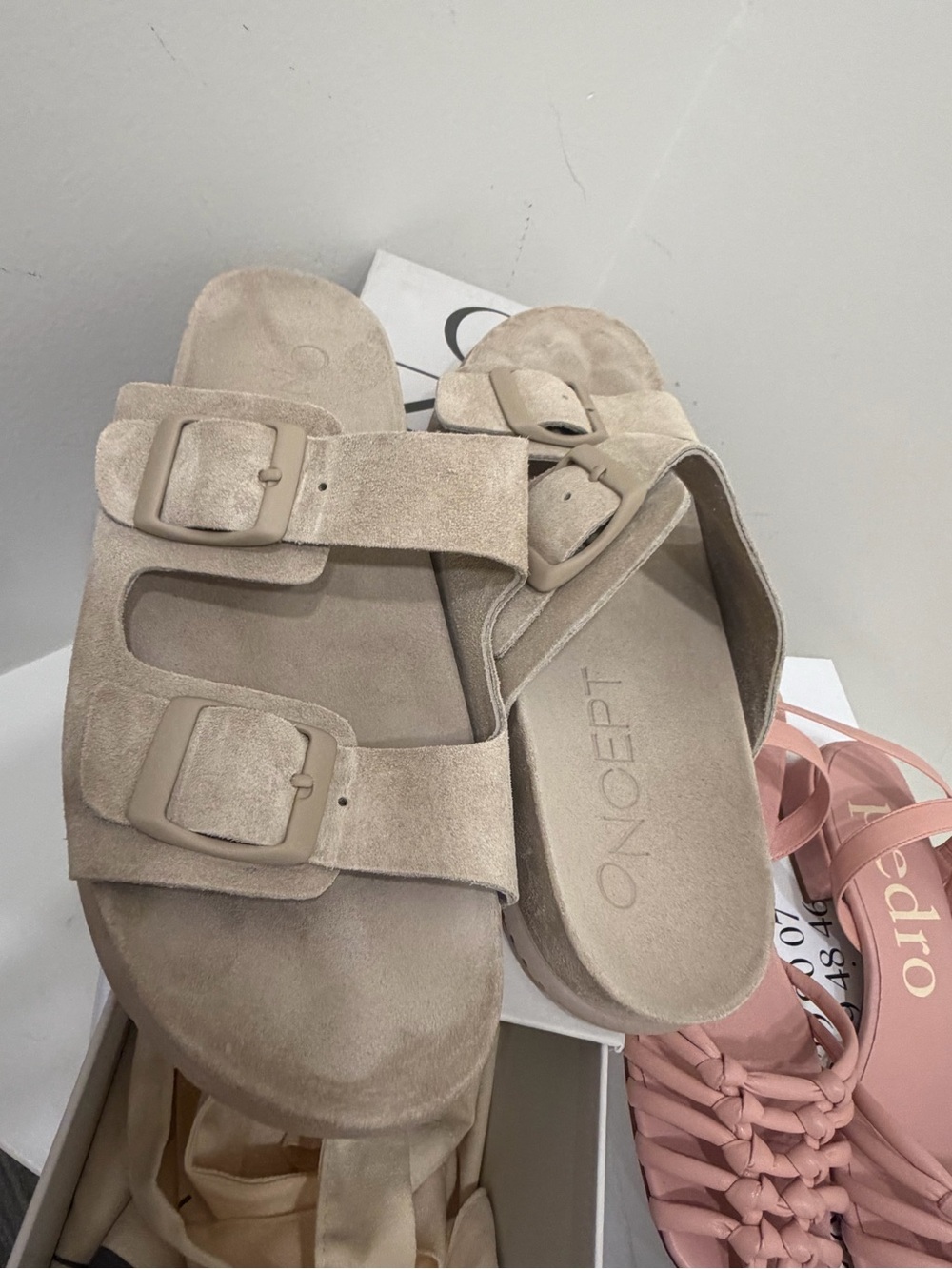 Oncept Beige Suede Dual-Buckle Slide Sandals